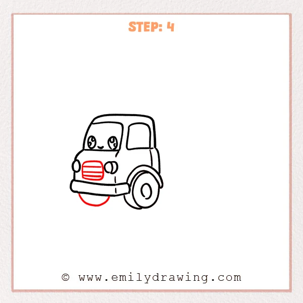 how to draw a dump truck - Step 4 adds a rounded rectangular grille with horizontal slats on the dump truck’s front, plus a curved hint of the front wheel showing beneath the bumper.